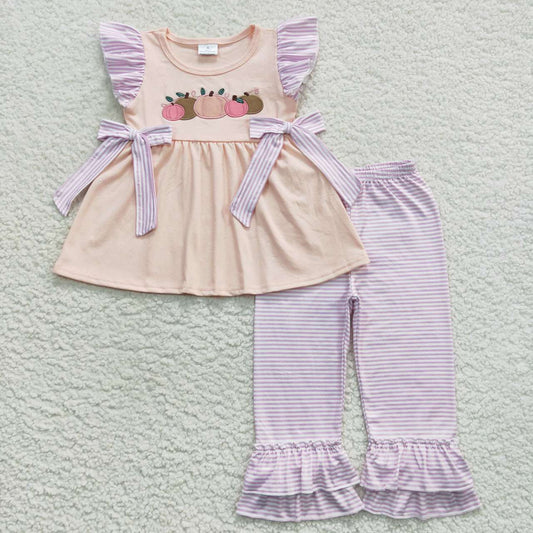 GSPO0783 Pink pumpkin embroidery tunic top purple stripes pants girls fall clothes set