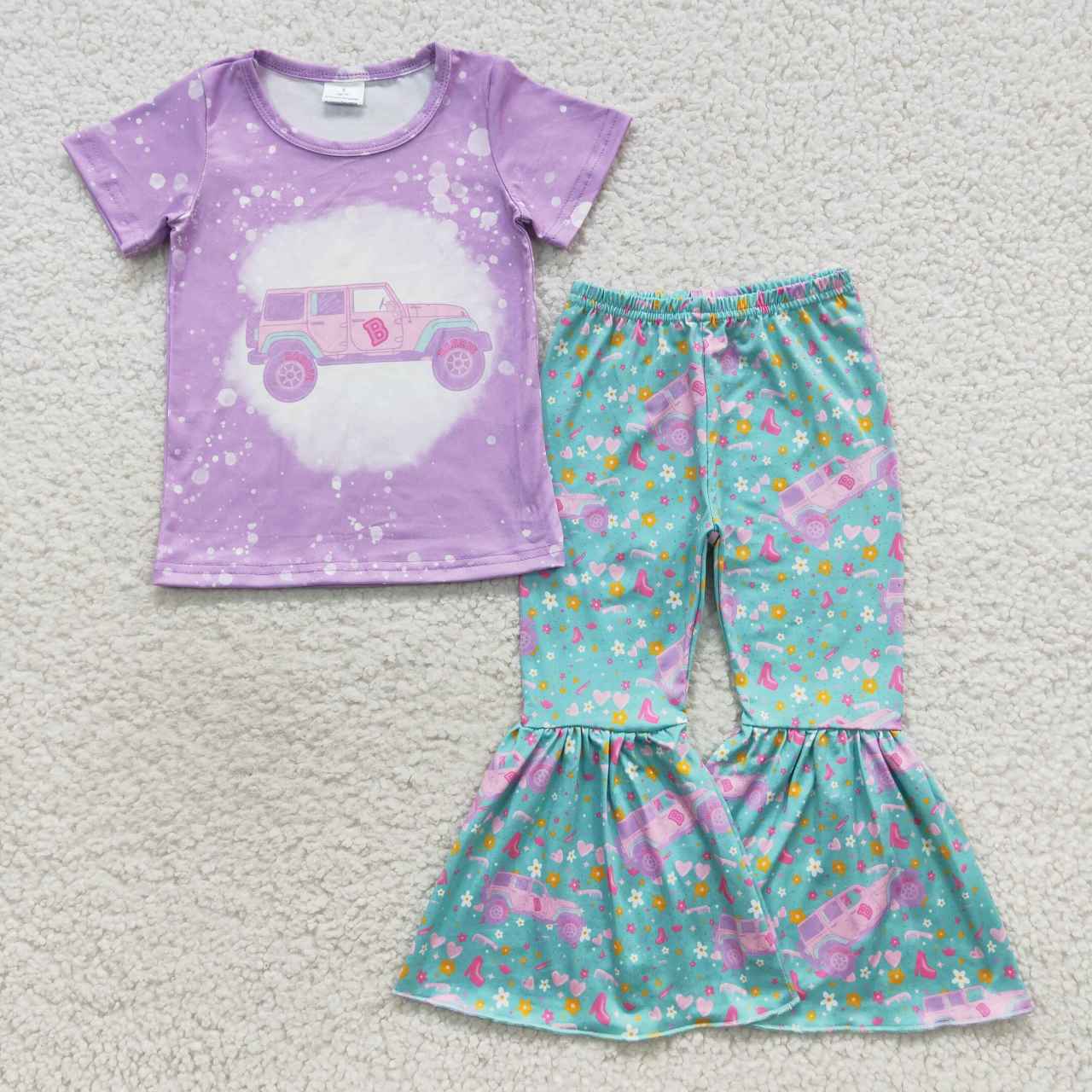 GSPO0796 Purple car top bell bottom pants girls clothes set