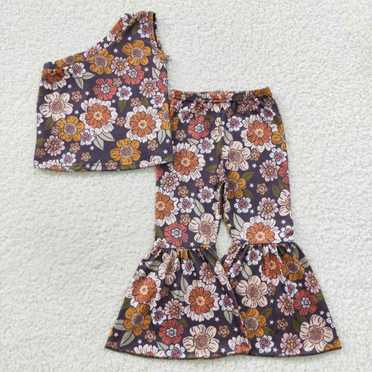 GSPO0802 One shoulder flowers print girls bell pants clothes set