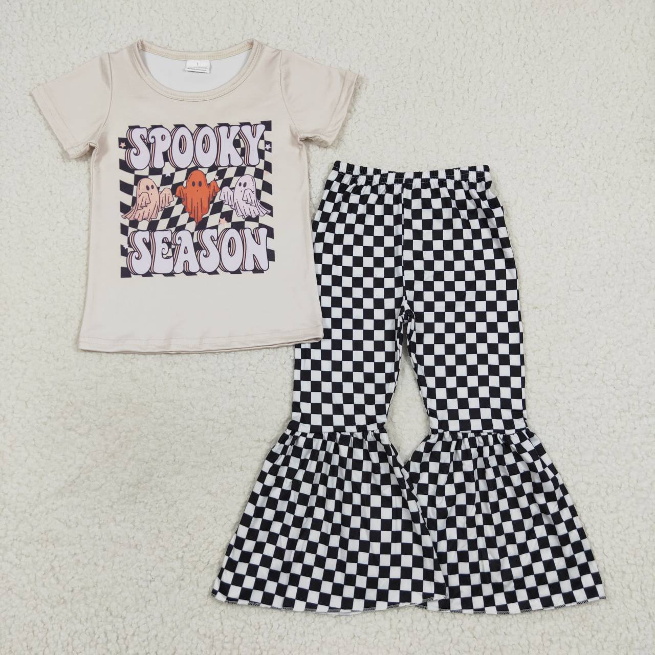 GSPO0804 Spooky season ghost top black plaid bell pants girls Halloween clothes set