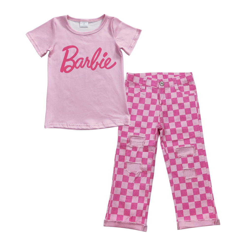 GSPO0807 Pink BA top plaid denim hole jeans girls clothes set
