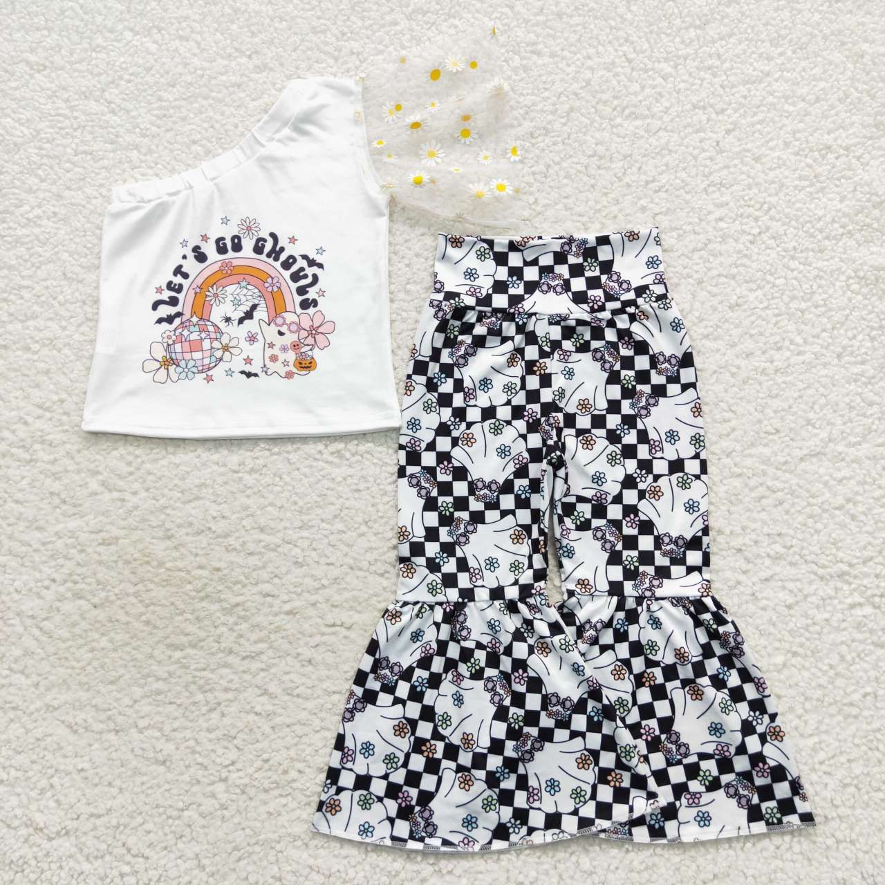 GSPO0820 Let's go ghost one shoulder top girls bell pants Halloween clothes set