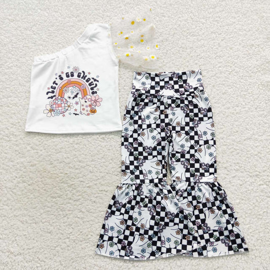 GSPO0820  Let's go ghost one shoulder top girls bell pants Halloween clothes set