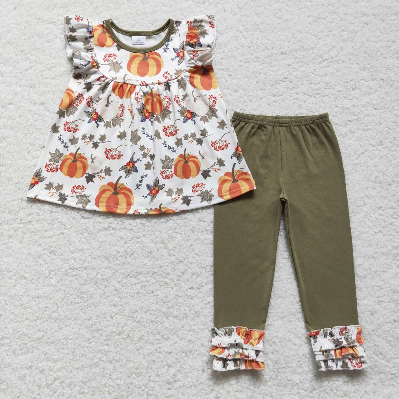 GSPO0837 Pumpkin print girls green legging pants fall clothes set