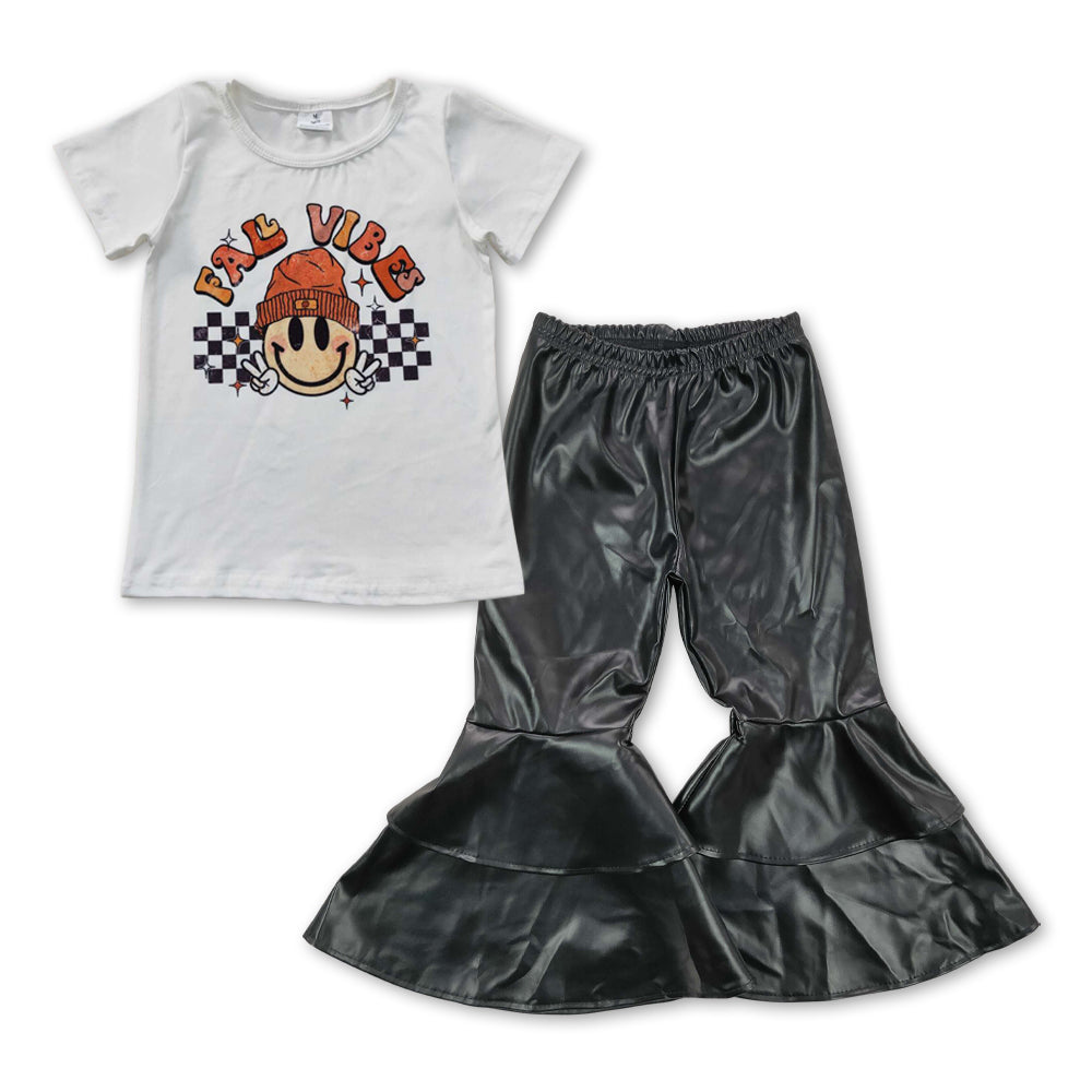 GSPO0846 Smile print fall tee shirts top black leather bell pants girls outfits