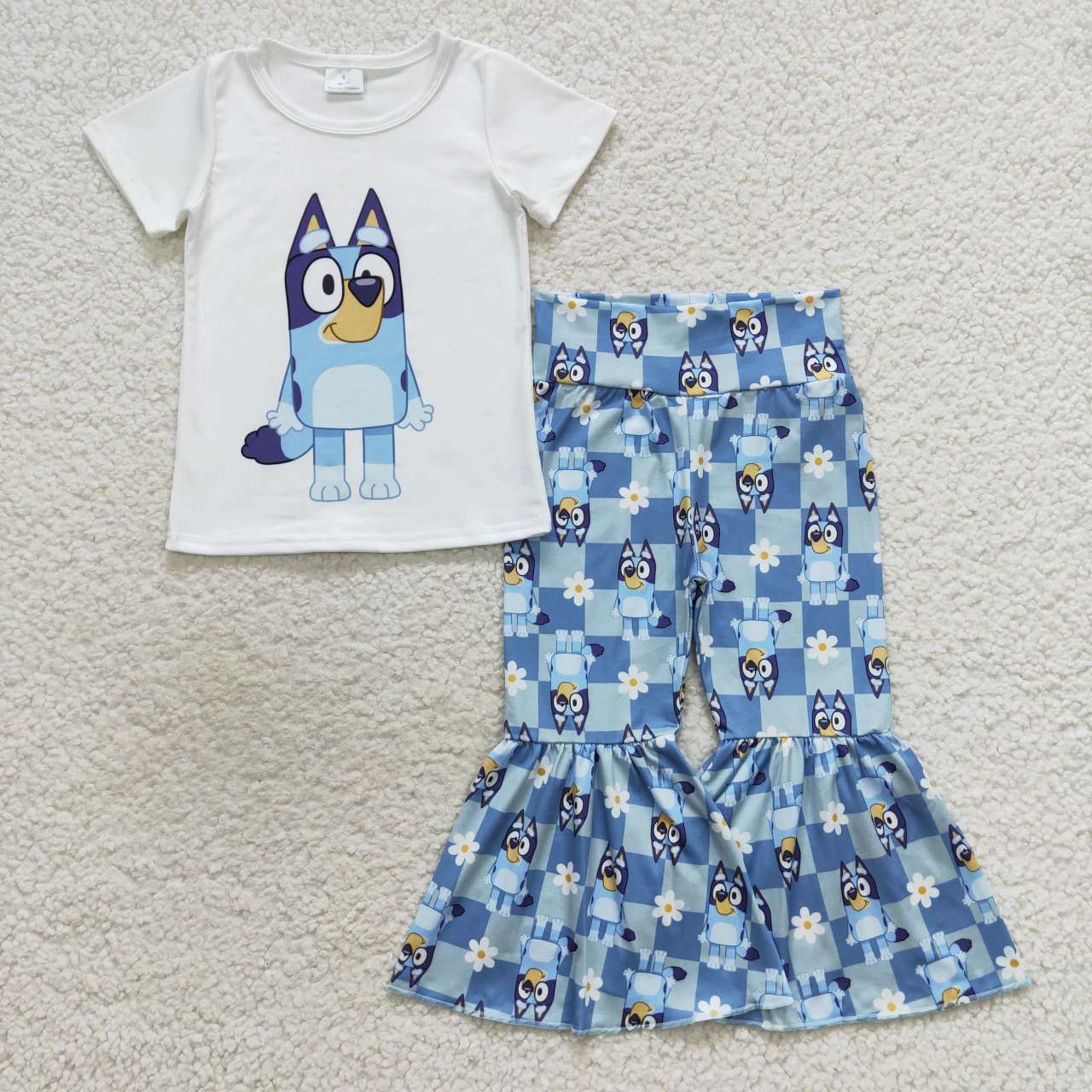 GSPO0861 Blue cartoon dog bell pants girls clothes set