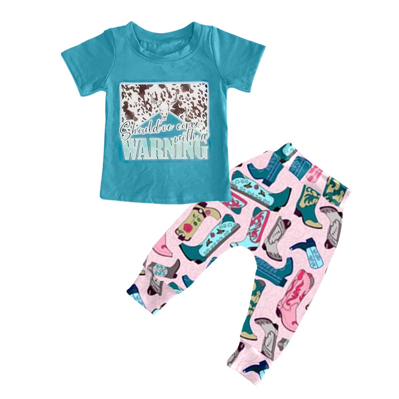 (Pre-order)GSPO0865 Blue Top Boots Print Pants Girls Western Clothes Set
