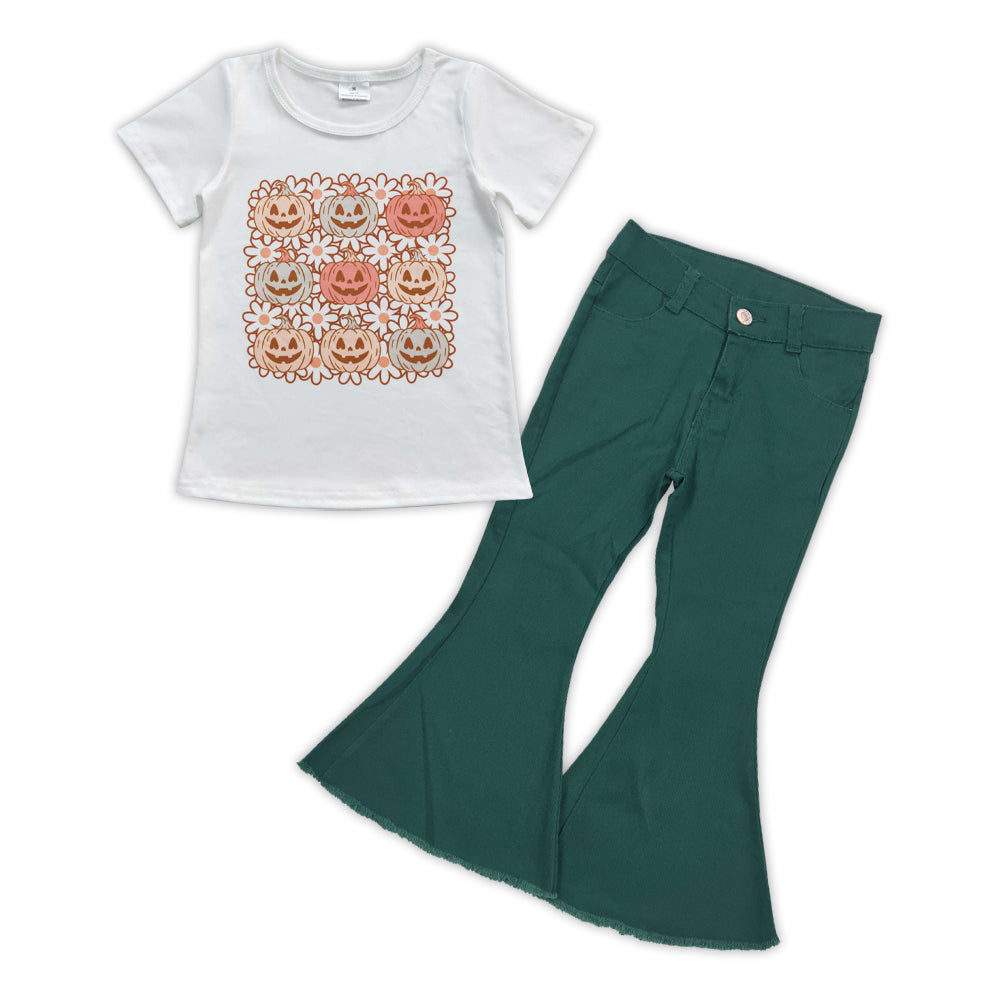 GSPO0870 Pumpkin flowers print top green denim bell bottom jeans girls Halloween clothes set