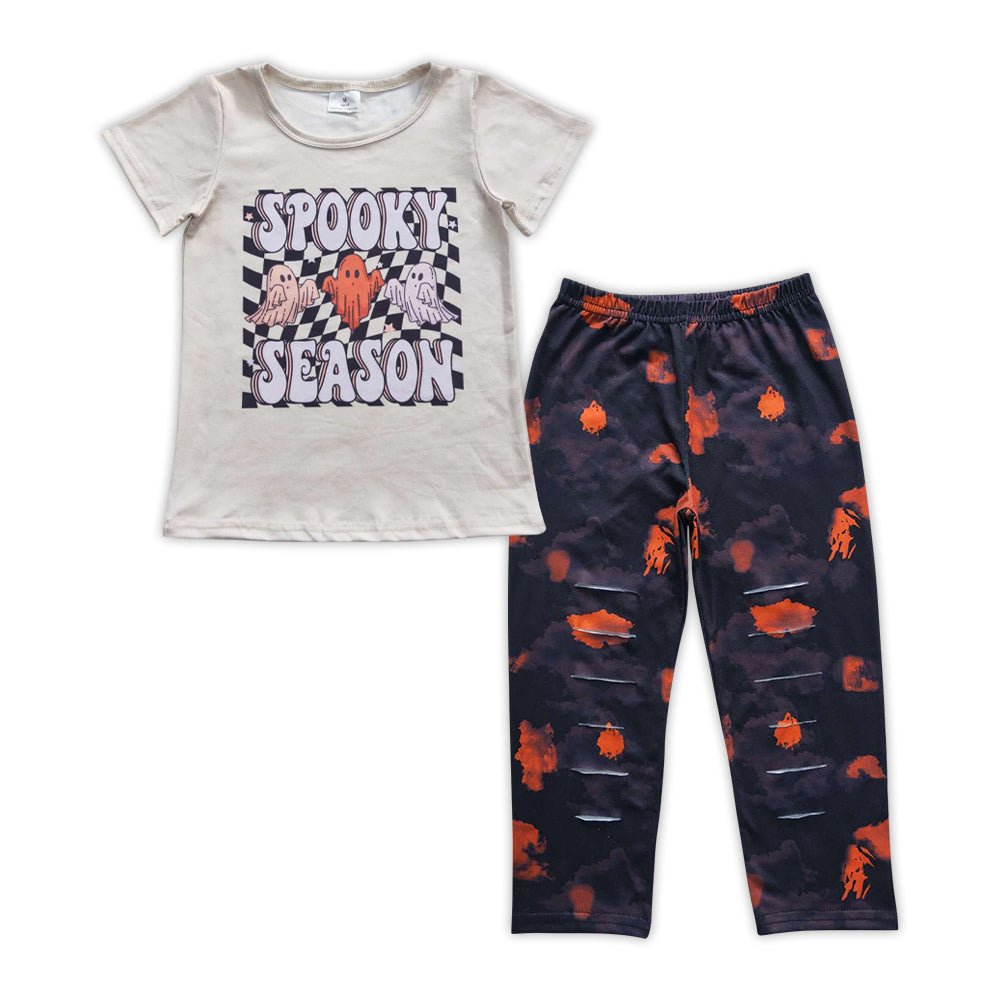 GSPO0872 Spooky season ghost print top tie-dye hole black legging pants girls Halloween clothes set