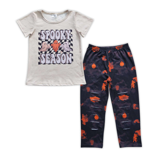 GSPO0872 Spooky season ghost print top tie-dye hole black legging pants girls Halloween clothes set