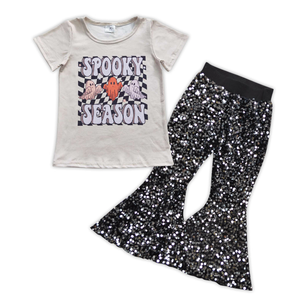 GSPO0873 Spooky season top black sequined bell bottom pants girls Halloween clothes set
