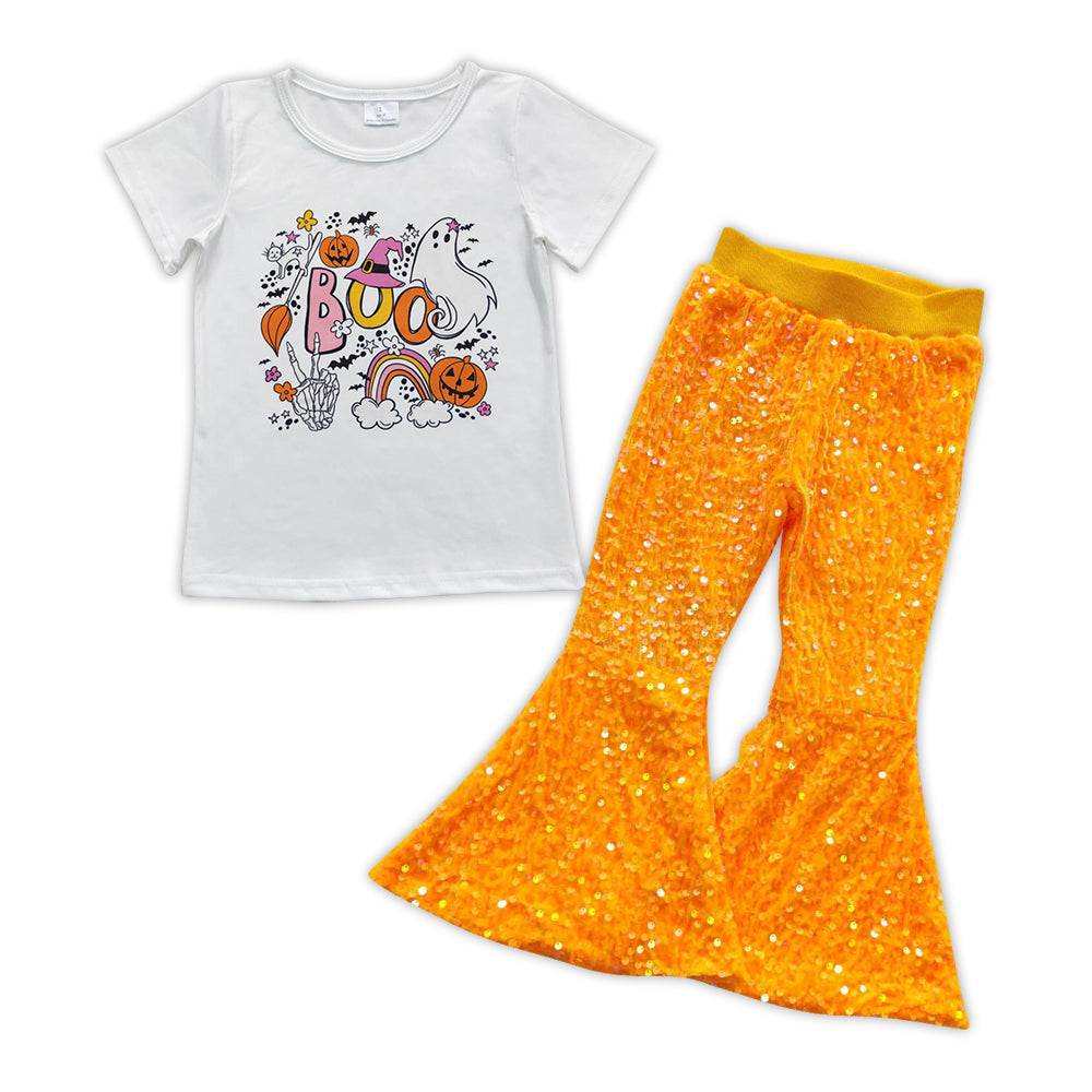 GSPO0891 Boo pumpkin ghost print top orange sequined bell bottom pants girls Halloween clothes set