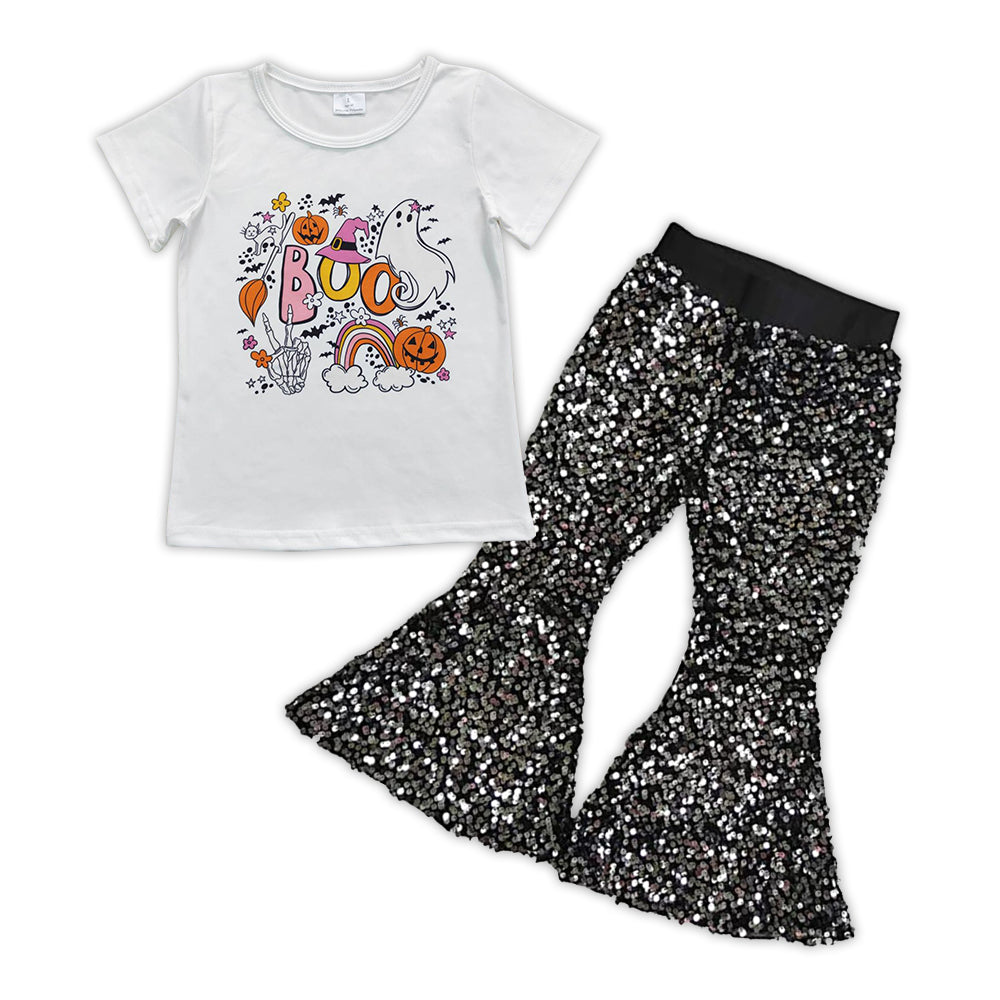 GSPO0892 Boo pumpkin ghost print top black sequined bell bottom pants girls Halloween clothes set