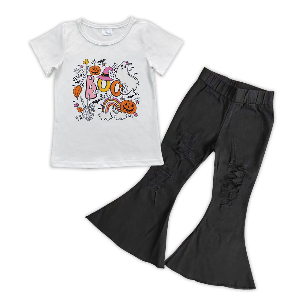 GSPO0893 Boo Pumpkin Ghost Print Top Black Denim Bell Jeans Girls Halloween Clothes Set