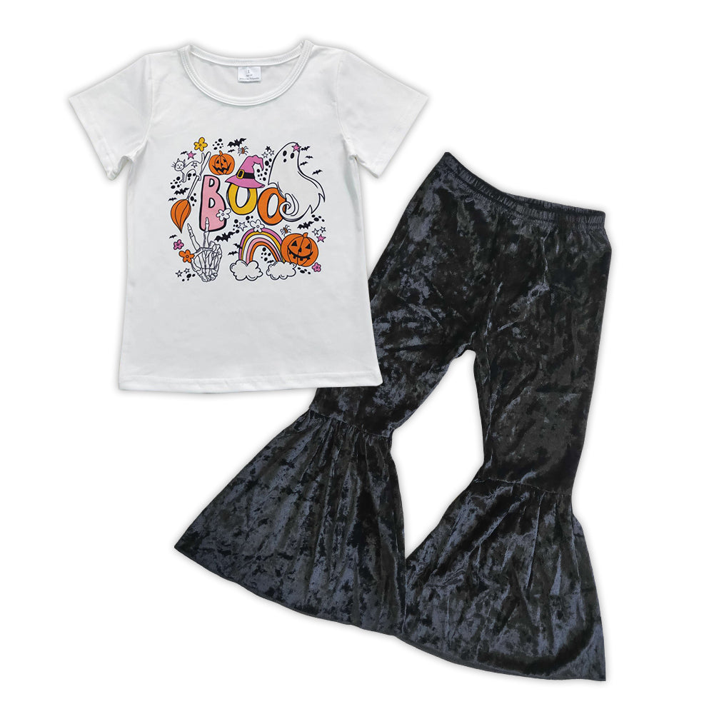 GSPO0896 Boo pumpkin ghost print top black velvet bell bottom pants girls Halloween clothes set