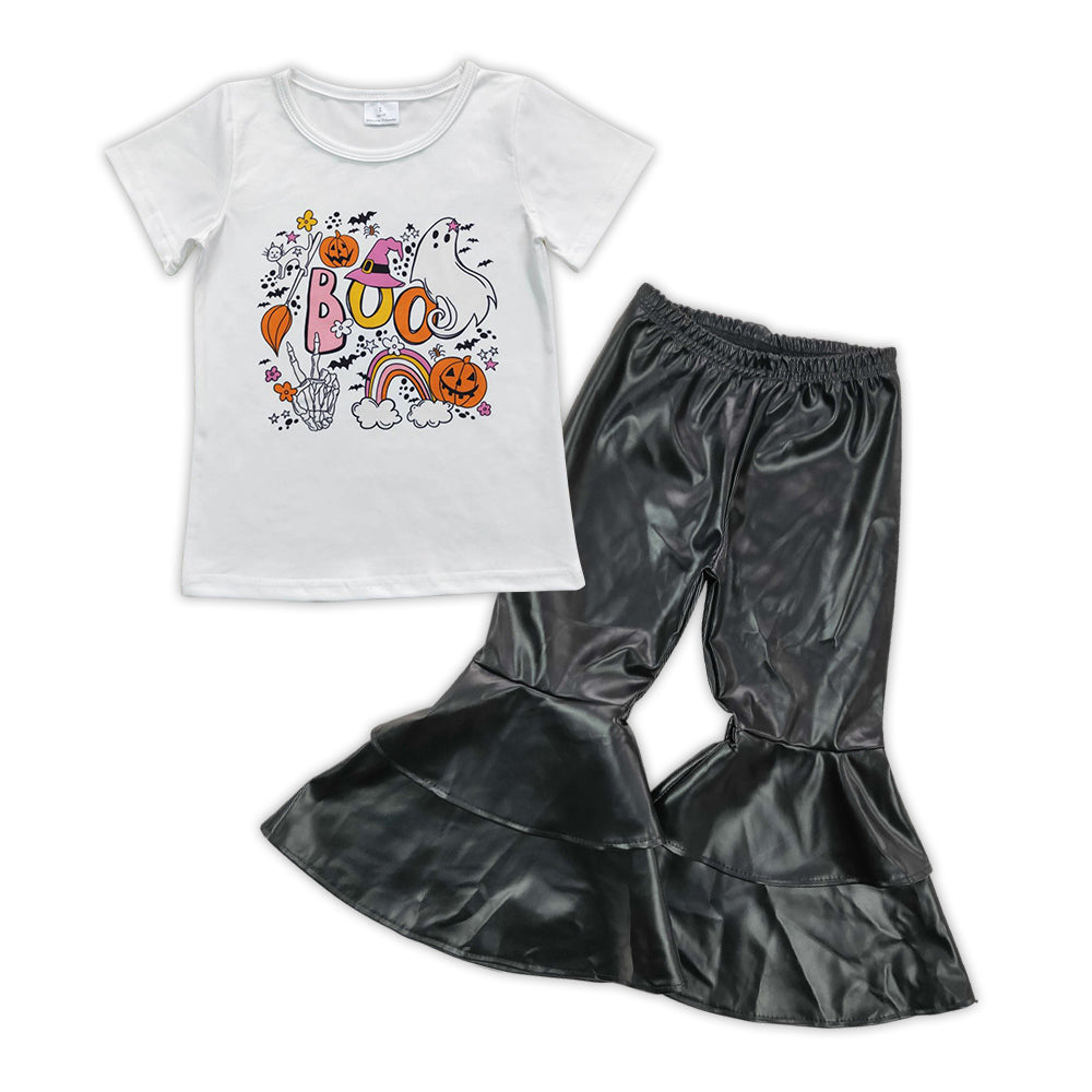 GSPO0897 Boo pumpkin ghost print top black pleather bell pants girls Halloween clothes set