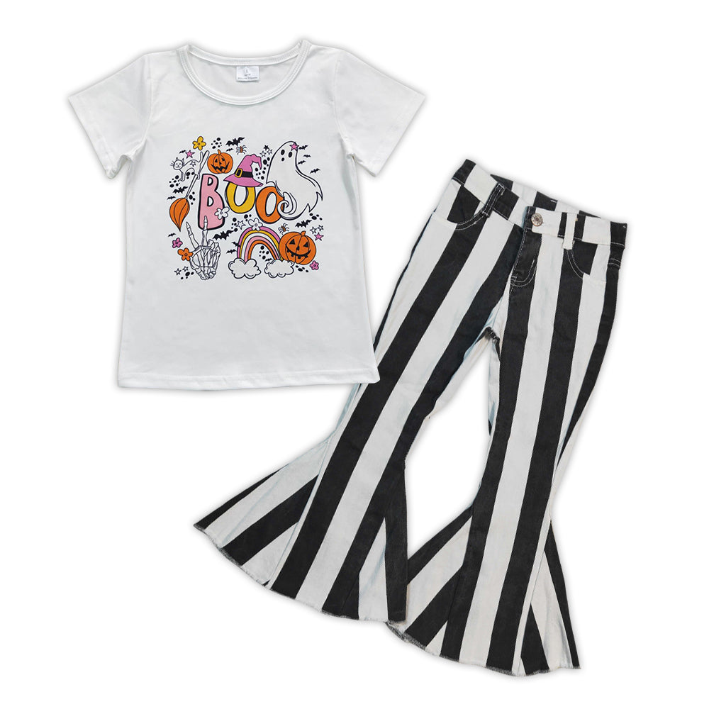 GSPO0898 Boo Pumpkin Ghost Print Top Black Stripes Denim Jeans Girls Halloween Clothes Set