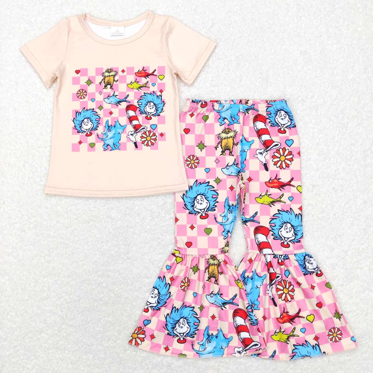GSPO0923 Pink Plaid Cartoon Dr Reading Print Bell Pants Girls Clothes Set