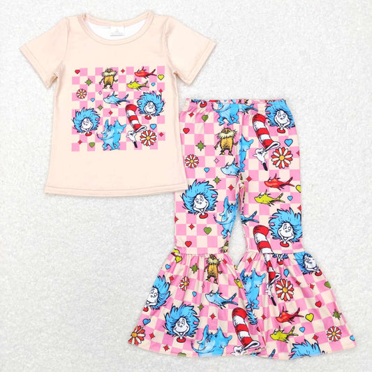 GSPO0923 Pink Plaid Cartoon Dr Reading Print Bell Pants Girls Clothes Set