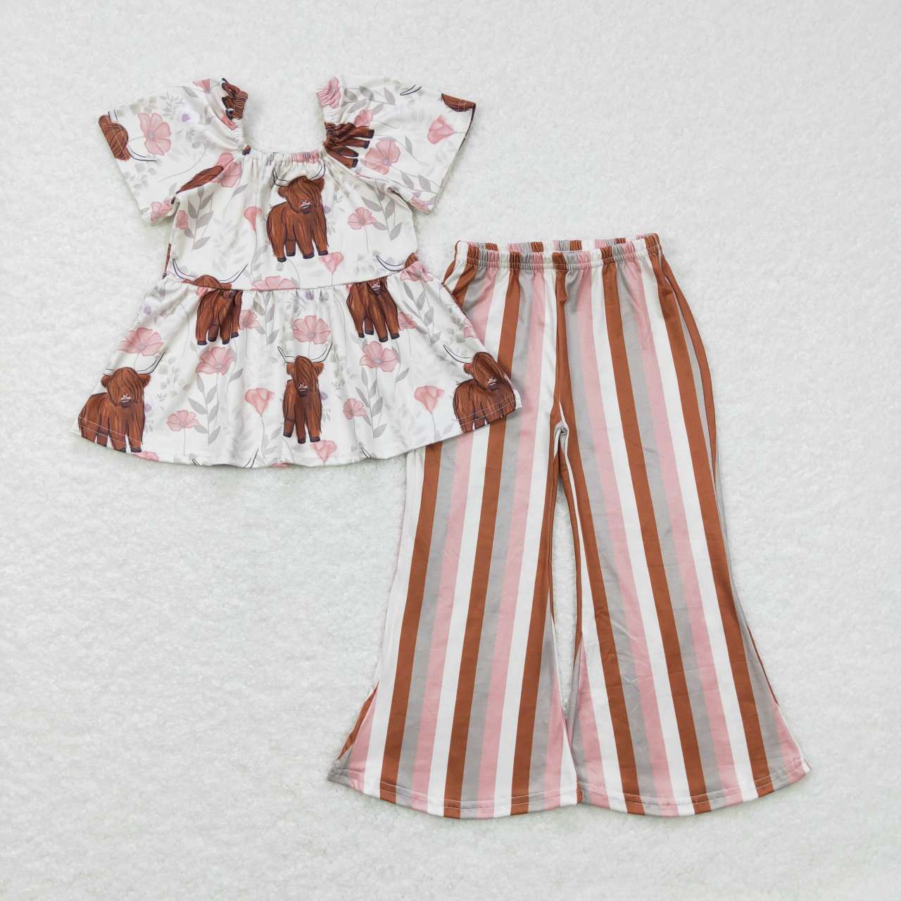 GSPO0961 Highland Cow Flowers Top Stripes Bell Pants Girls Clothes Set