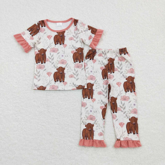 GSPO0962 Highland Cow Flowers Print Girls Pajamas Clothes Set