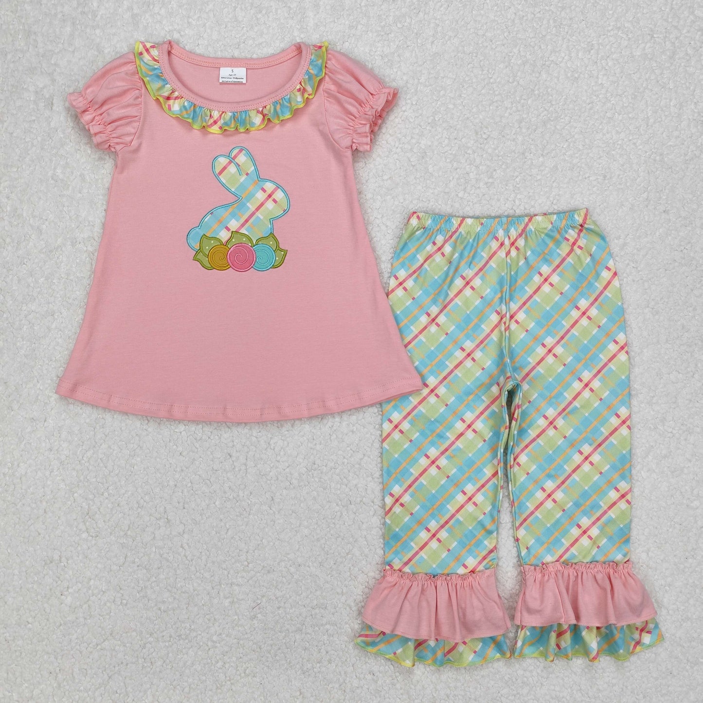 GSPO0974 Bunny Flowers Embroidery Pink Top Plaid Pants Girls Easter Clothes Set