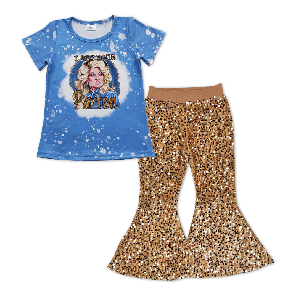 GSPO0998 Singer Blue Top Gold Sequin Bell Pants Girls Clothes Set