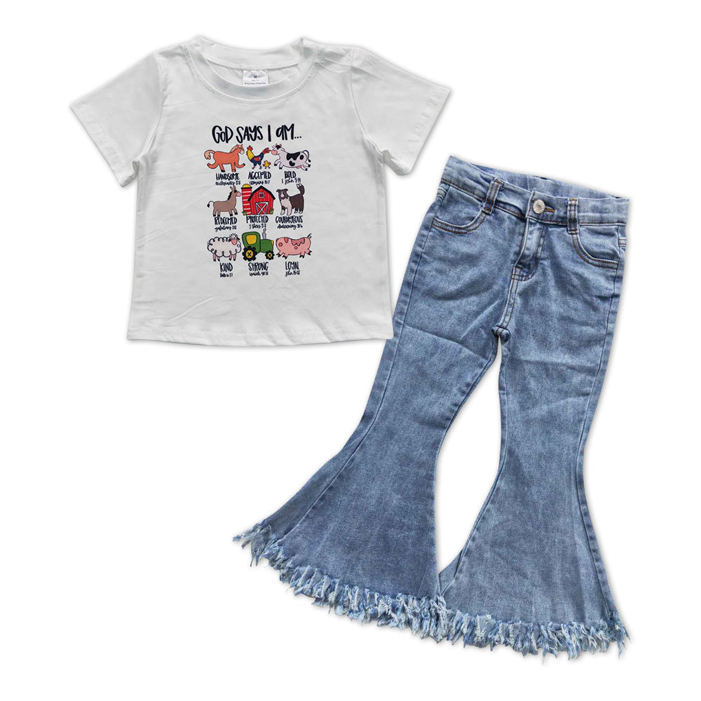 GSPO1004 Animals Top Blue Denim Bell Jeans Girls Clothes Set