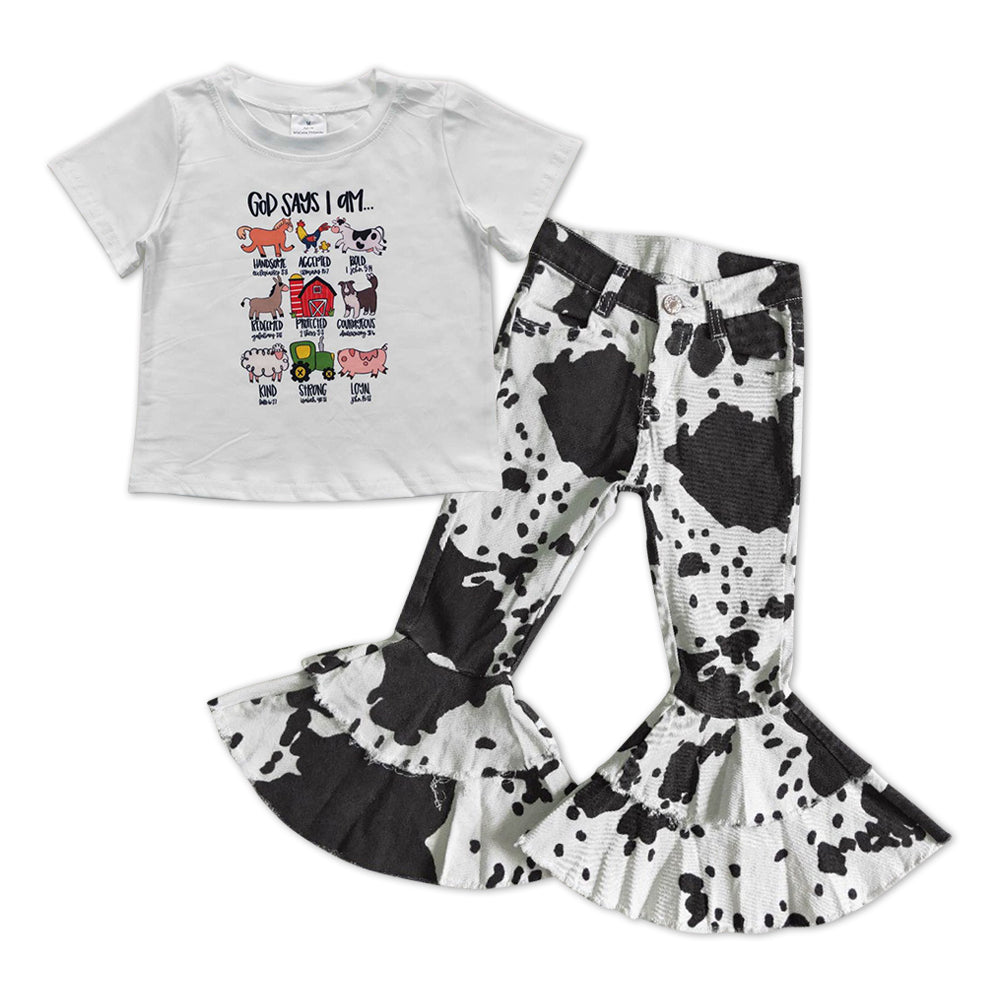 GSPO1006 Animals Top Black Cow Print Denim Bell Jeans Girls Clothes Set