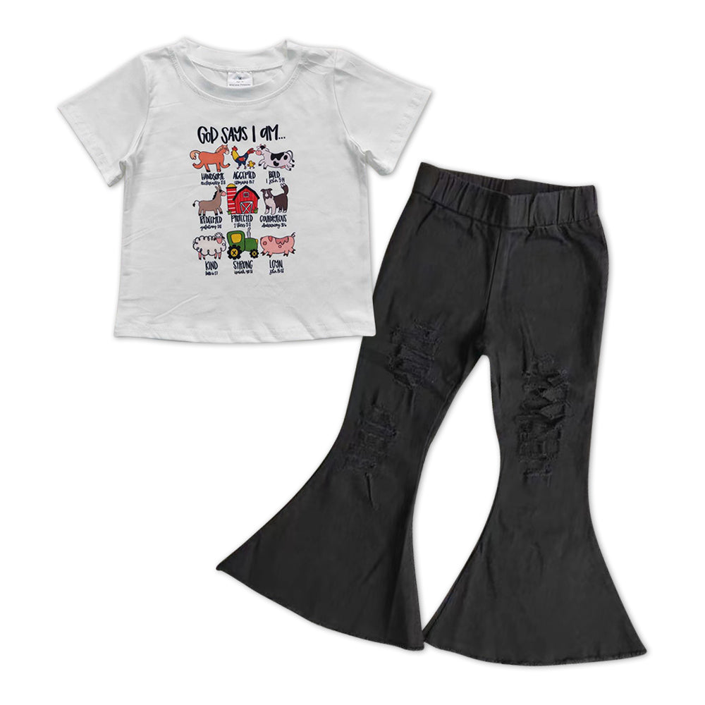 GSPO1008 Animals Top Black Denim Bell Jeans Girls Clothes Set