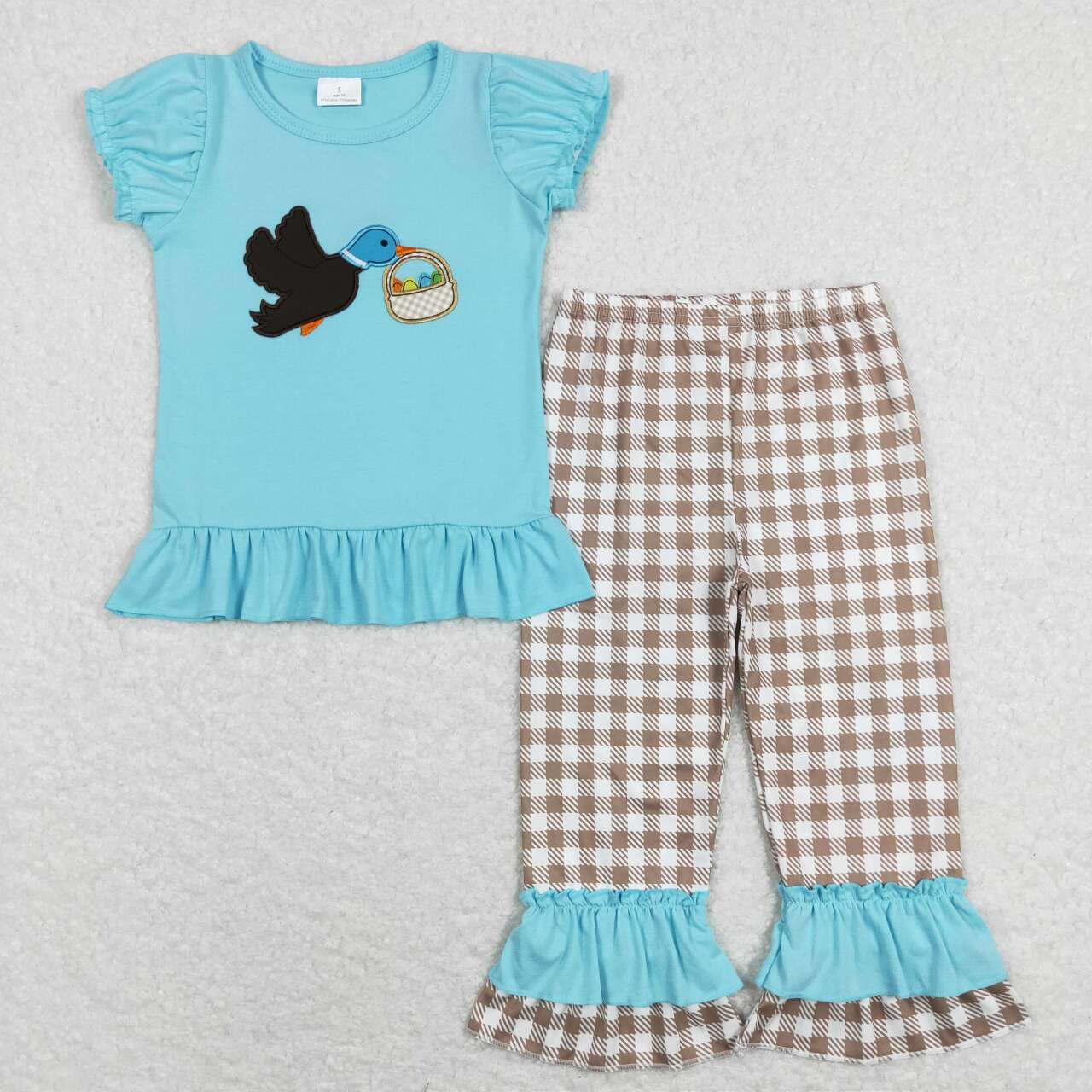 Duck Egg Embroidery Blue Top Plaid Pants Kids Ester Clothes Set Sibling Wear
