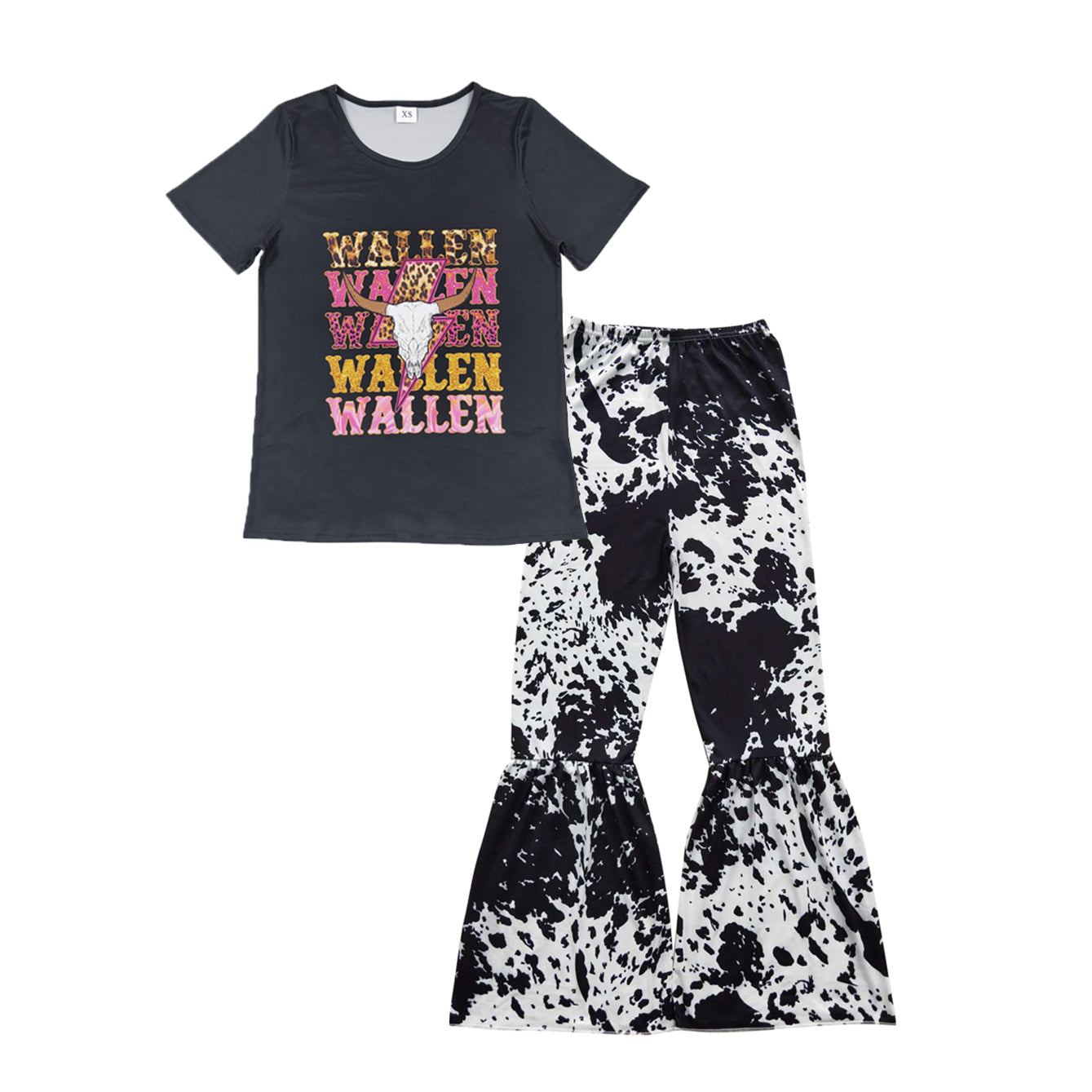 GSPO1033 Adult WALLEN Cow Skull Top Navy Tie dye Bell Pants Woman Western Clothes Set