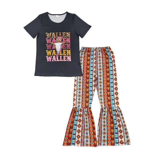 GSPO1034 Adult WALLEN Cow Skull Top Aztec Bell Pants Woman Western Clothes Set