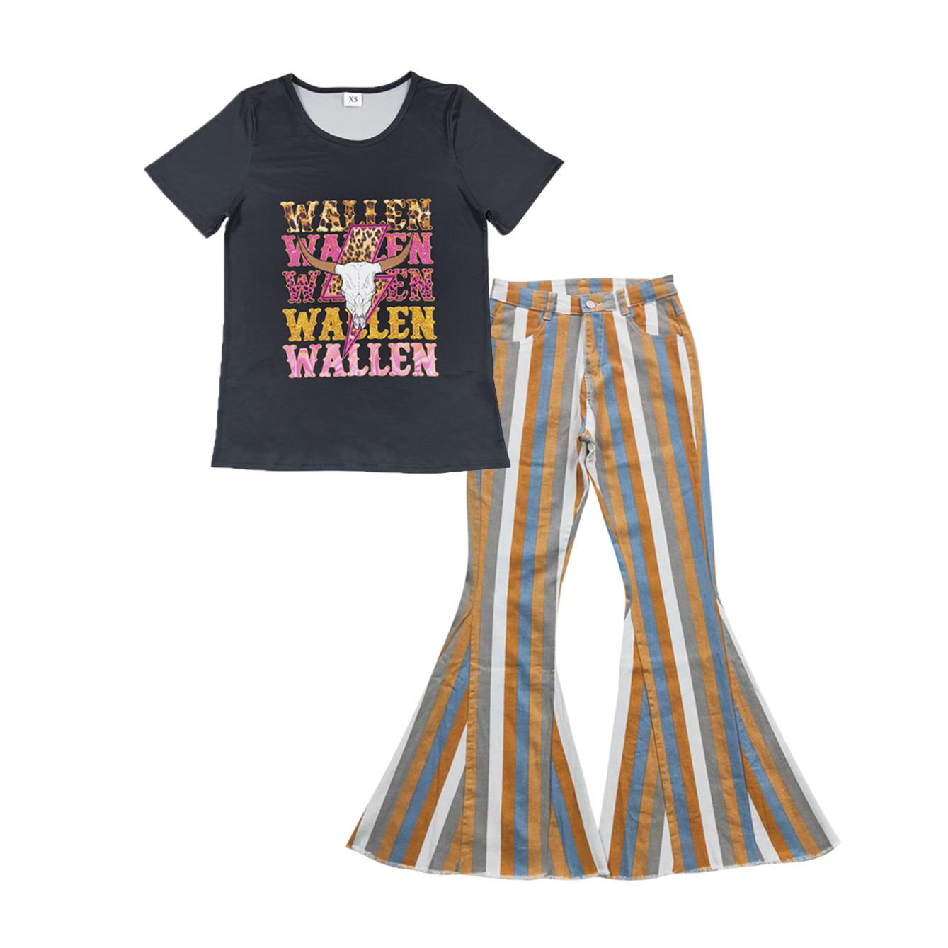GSPO1035 Adult WALLEN Cow Skull Top Stripes Denim Bell Pants Jeans Woman Western Clothes Set