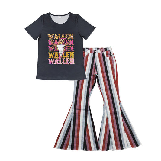 GSPO1037 Adult WALLEN Cow Skull Top Wine Stripes Denim Bell Pants Jeans Woman Western Clothes Set