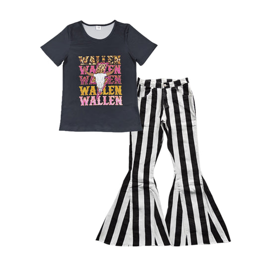 GSPO1038 Adult WALLEN Cow Skull Top Black Stripes Denim Bell Pants Jeans Woman Western Clothes Set