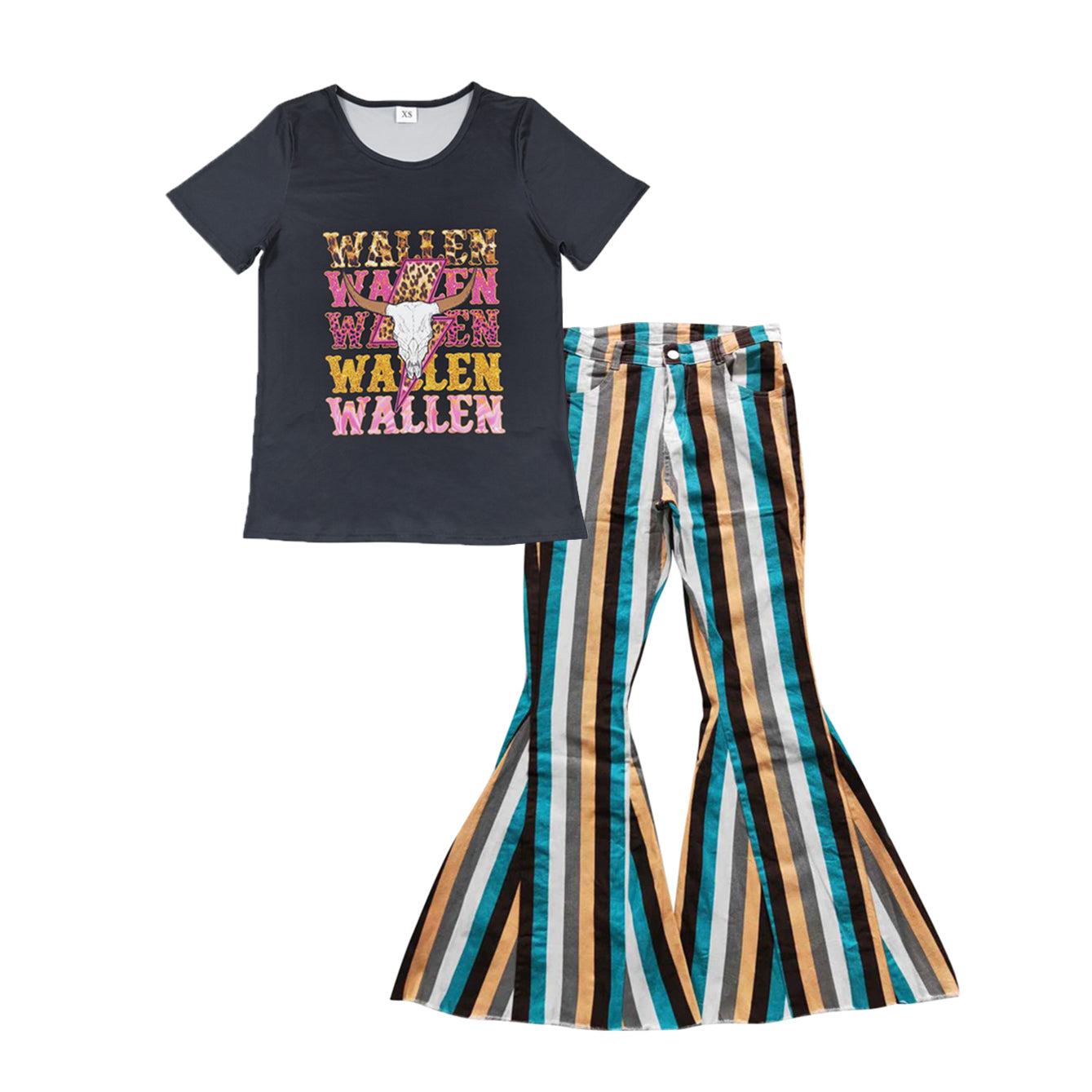 GSPO1039 Adult WALLEN Cow Skull Top Stripes Denim Bell Pants Jeans Woman Western Clothes Set