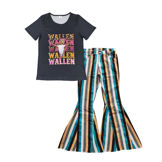 GSPO1039 Adult WALLEN Cow Skull Top Stripes Denim Bell Pants Jeans Woman Western Clothes Set