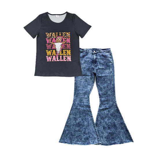 GSPO1041 Adult WALLEN Cow Skull Top Denim Bell Pants Jeans Woman Western Clothes Set