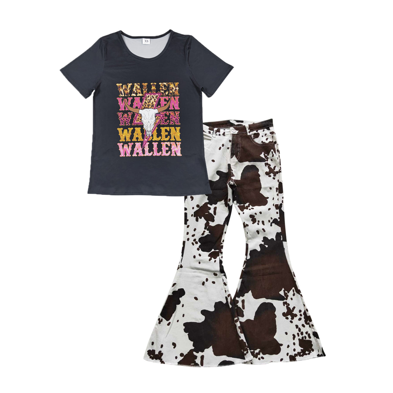 GSPO1042 Adult WALLEN Cow Skull Top Cowhide Denim Bell Pants Jeans Woman Western Clothes Set