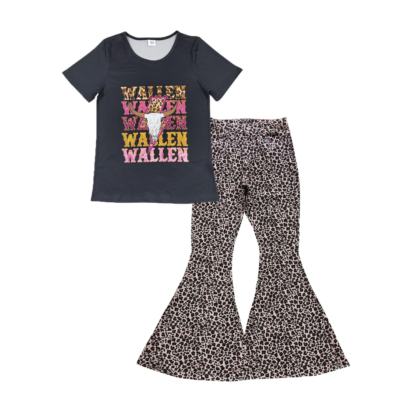 GSPO1043 Adult WALLEN Cow Skull Top Leopard Denim Bell Pants Jeans Woman Western Clothes Set