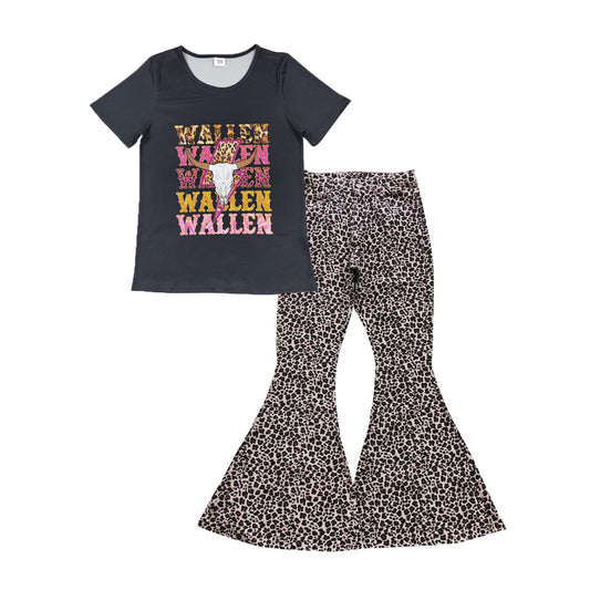 GSPO1043 Adult WALLEN Cow Skull Top Leopard Denim Bell Pants Jeans Woman Western Clothes Set
