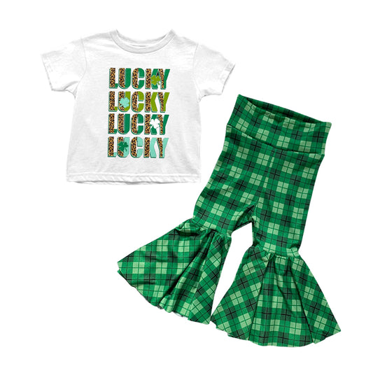 (Pre-order)GSPO1048 Lucky Top Green Plaid Bell Pants Girls St. Patrick's Clothes Set