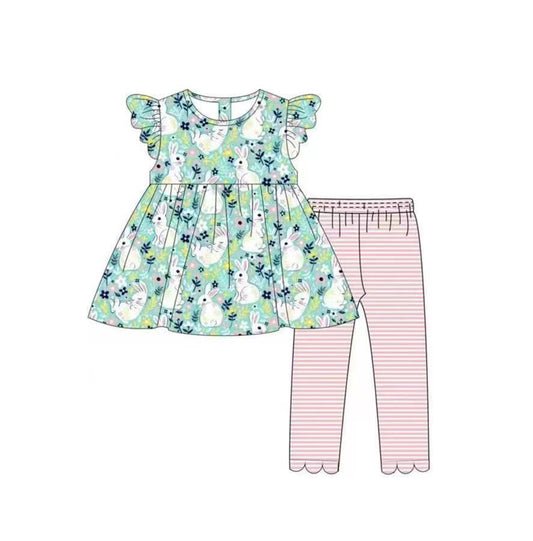 (Pre-order)GSPO1056 Green Flowers Bunny Print Girls Easter Clothes Set