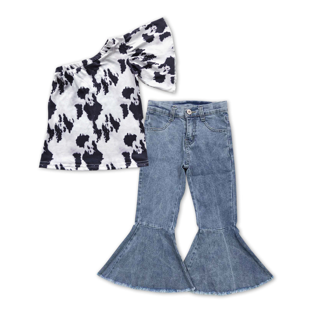 GSPO1061 One Shoulder Black Cow Print Top Light Blue Denim Bell Bottom Pockets Jeans Girls Western Clothes Set