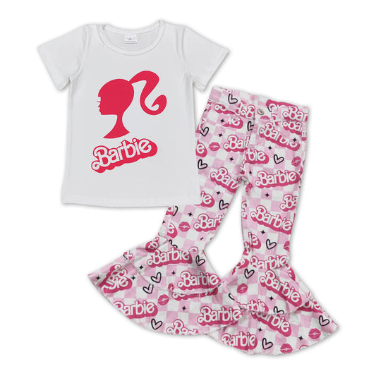 GSPO1063 Pink BA Denim Bell Jeans Girls Clothes Set