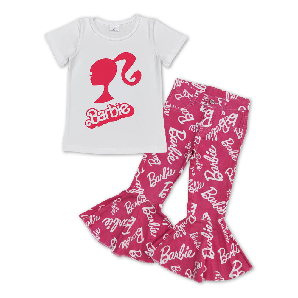 GSPO1064 Pink BA Top Denim Bell Jeans Girls Clothes Set