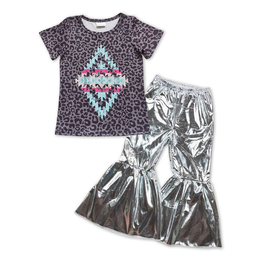 GSPO1067 Black Leopard Aztec Print Top Silver Bell Pants Girls Western Clothes Set
