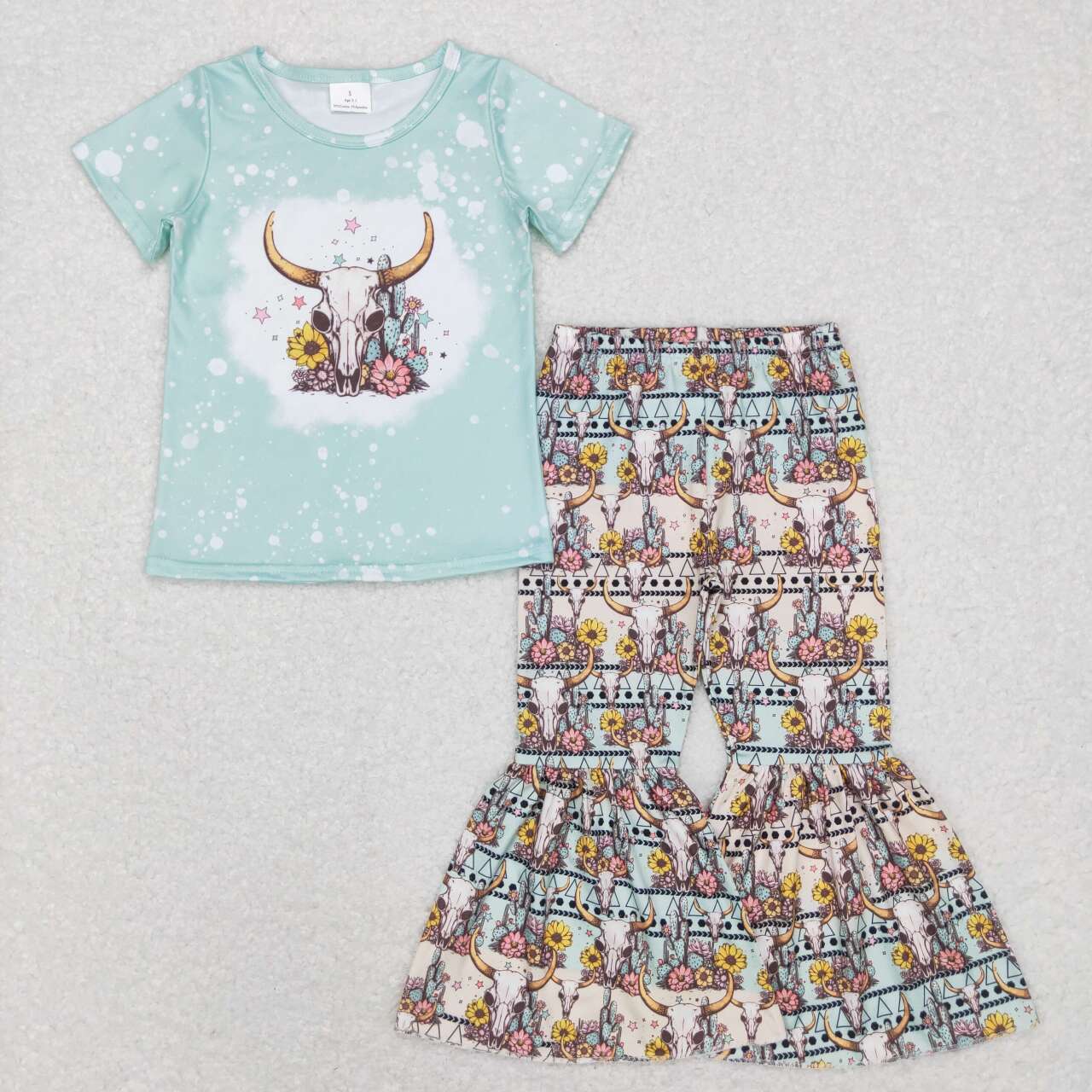 7 Colors Cow Skull Western Print Bell Pants Girls Clothes Set