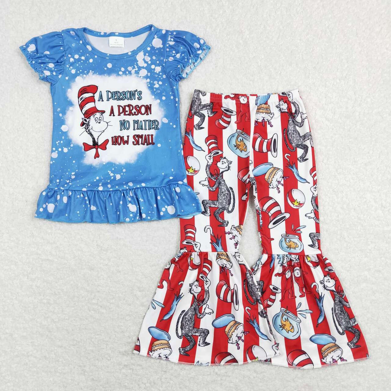 GSPO1093 Blue Cartoon Cat Dr. Reading Print Girls Clothes Set
